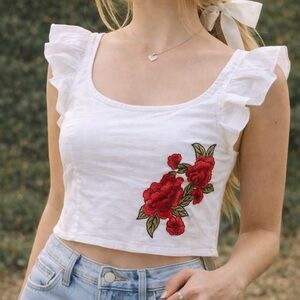 White Floral Embroidered Ruffle Sleeve Blouse Size M